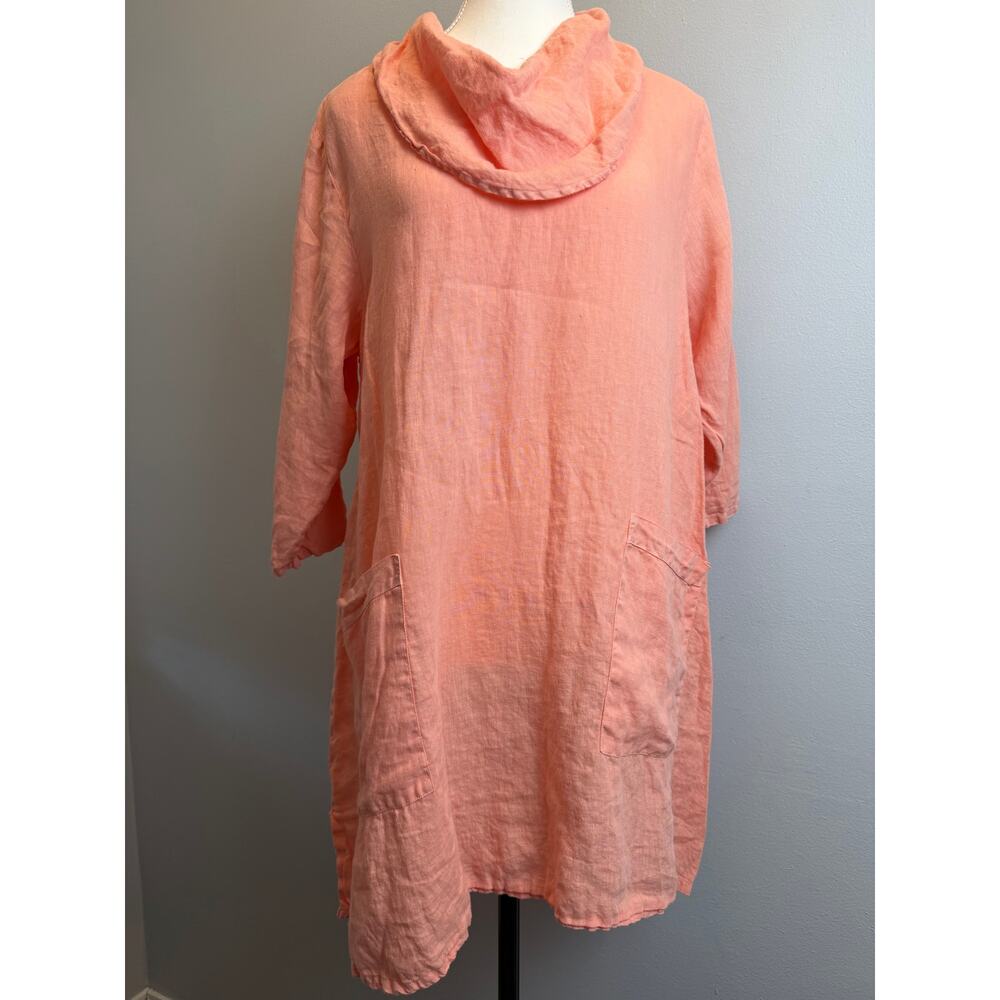 Match Point USA Sm Linen Tunic Mock Cowl Neck Lagenlook Pockets Coral Pockets